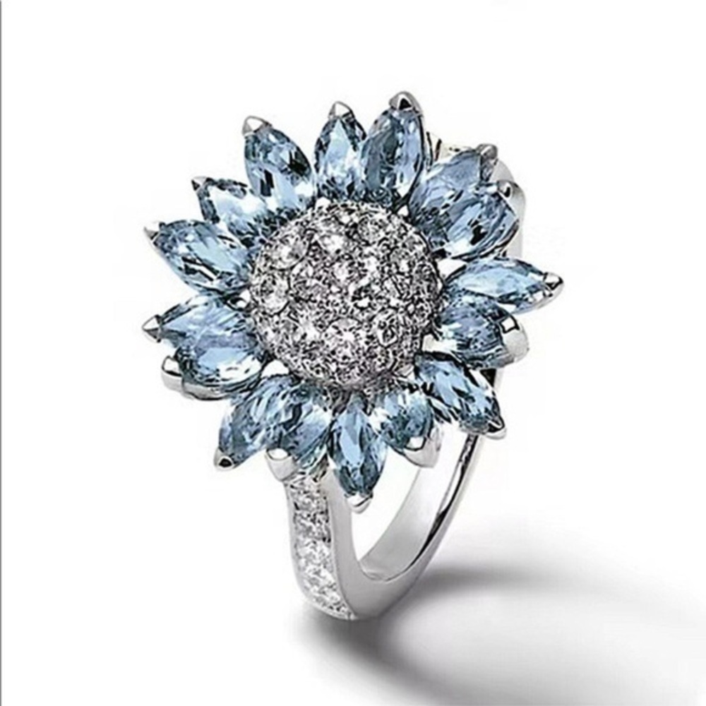Sunflower Statement Ring Silver Crystal Petals Blue Cubic Zirconia Size 5–10 NWT